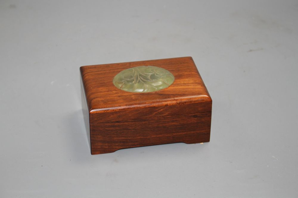 A Chinese hardwood box with inset bowenite jade panel, 13cm